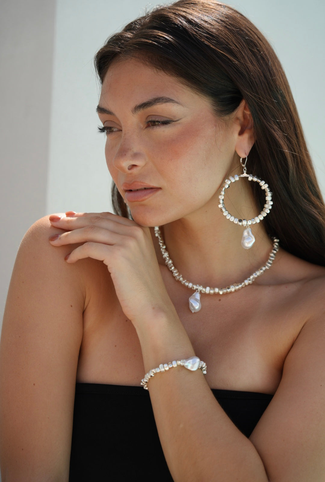 Amalfi Soleil Silver and Pearl Hoop Earrings