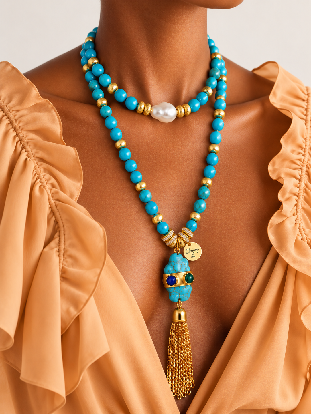 Cruz Charm Long Wrap Necklace Turquoise