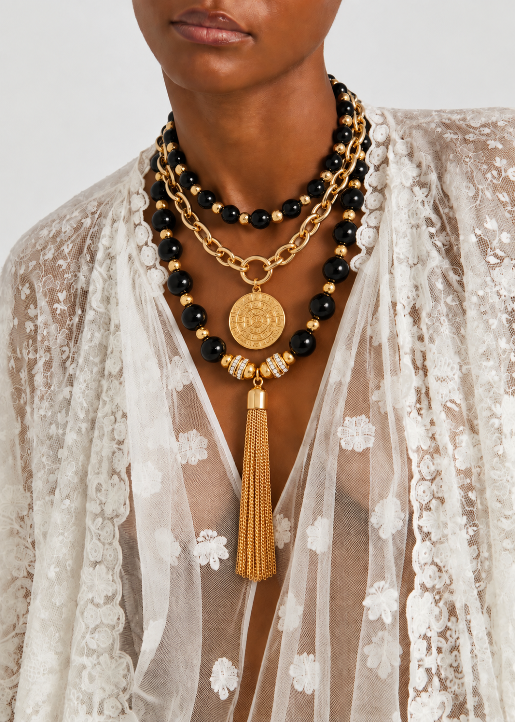 Cruz Charm Necklace Stack Black