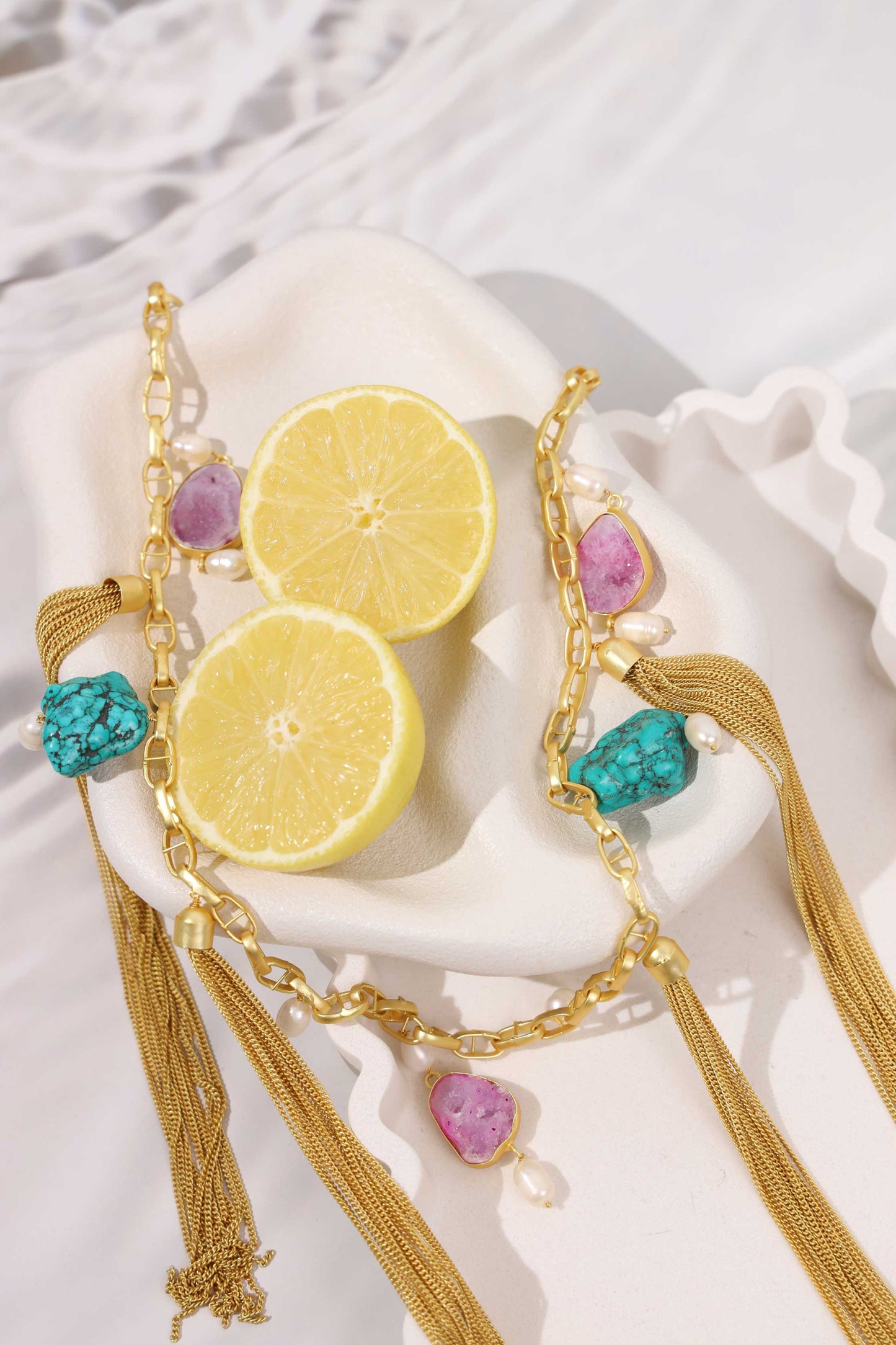 Gilded Shores Necklace in Turquoise and Amethyst