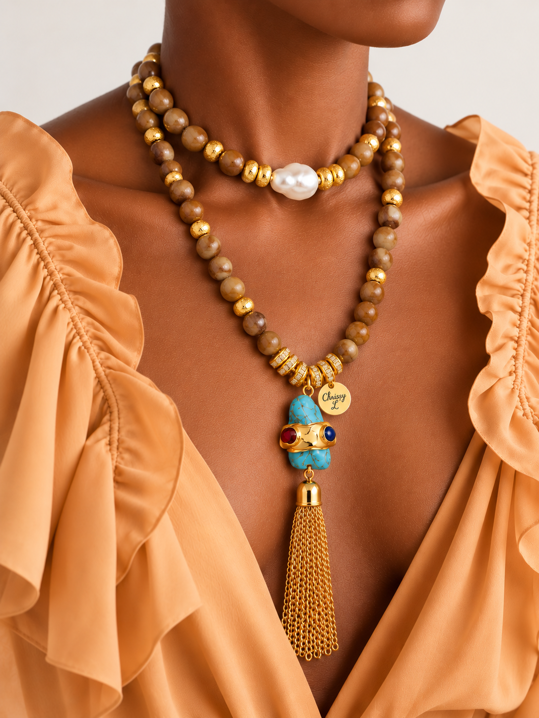Cruz Charm Long Wrap Necklace Camel