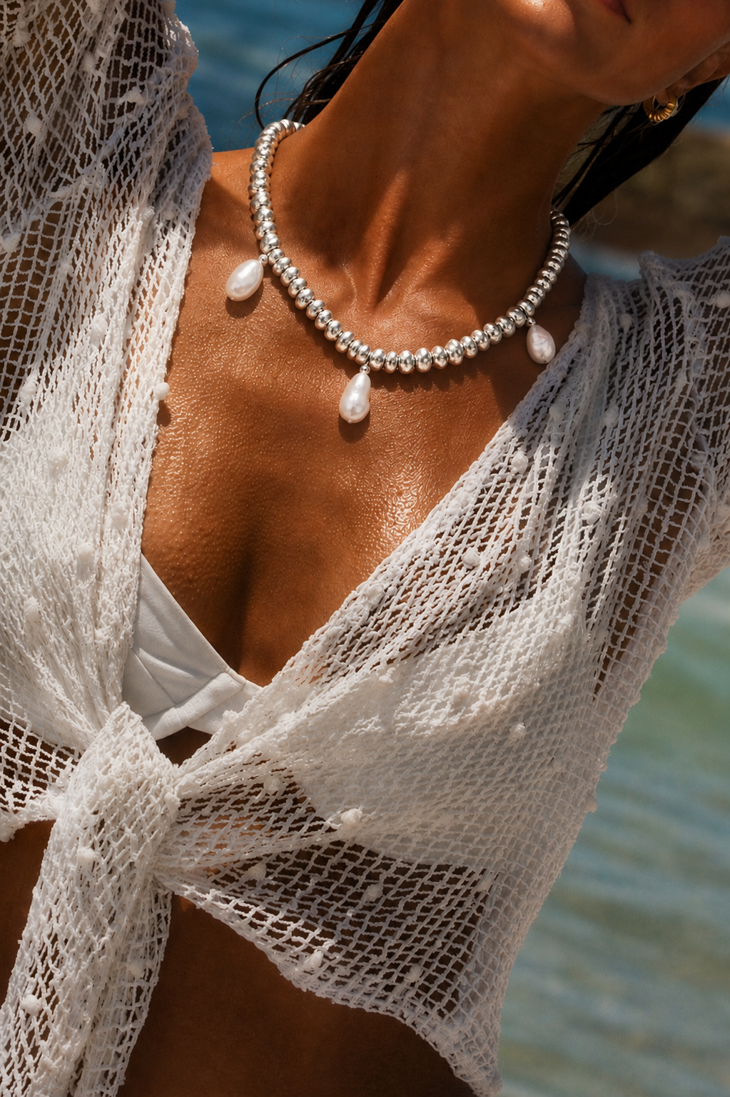 Amalfi Waters Triple Pearl Necklace Silver