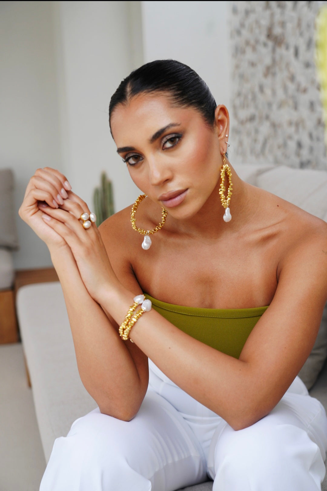 Golden Hour Gold Pearl Hoop Earrings