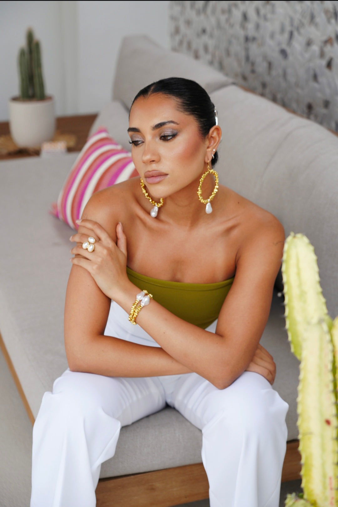 Golden Hour Gold Pearl Hoop Earrings