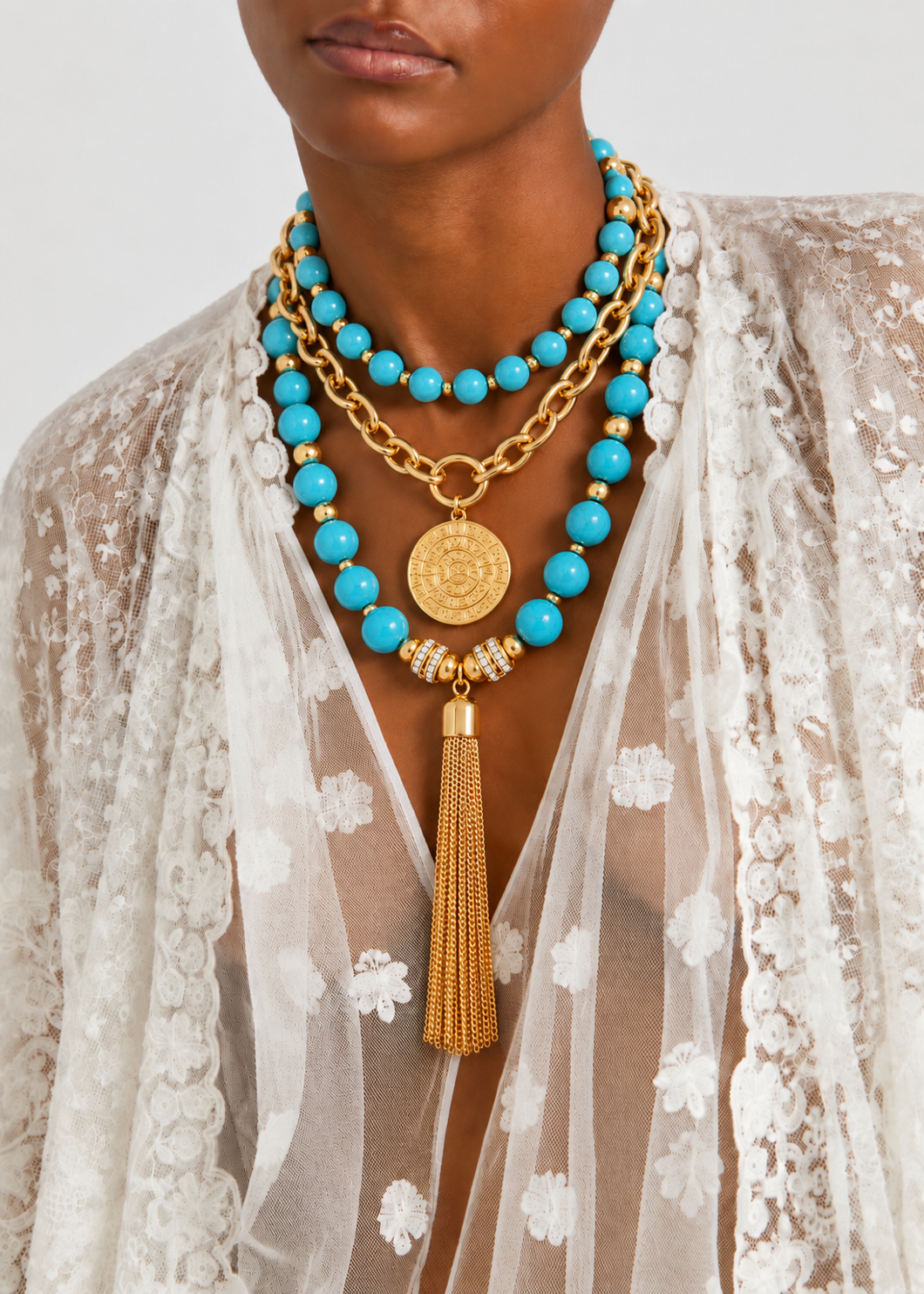 Cruz Charm Necklace Stack Turquoise