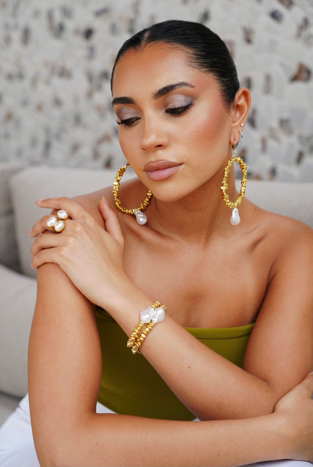 Golden Hour Gold Pearl Hoop Earrings