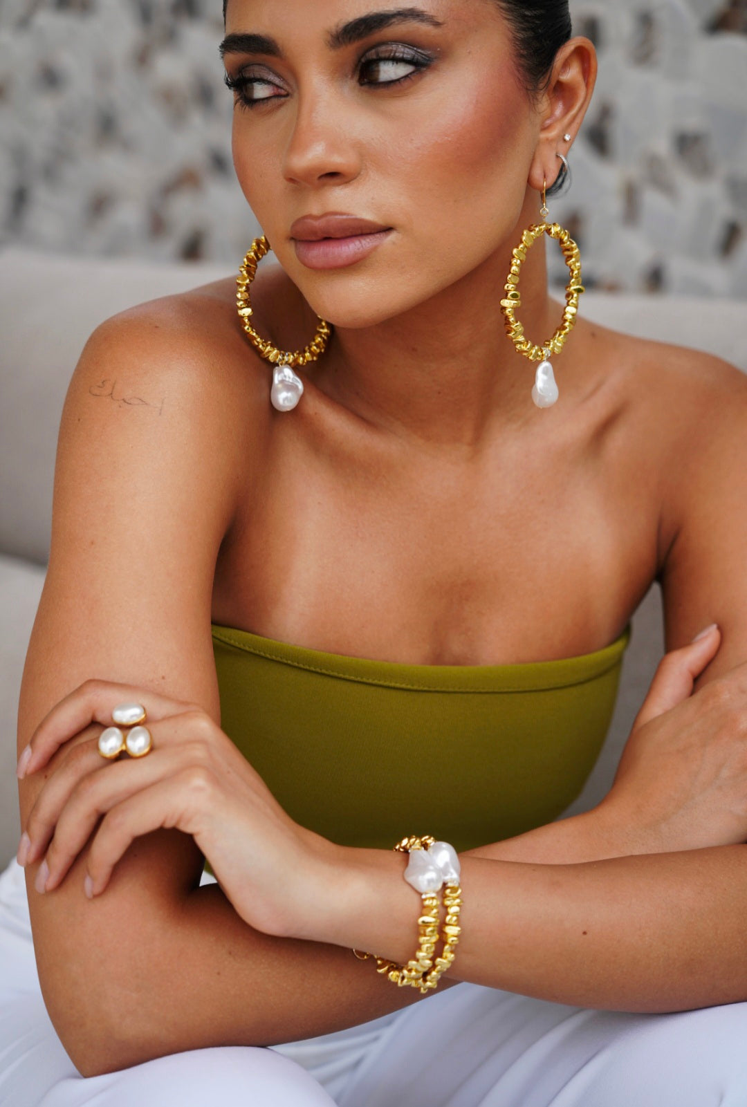 Golden Hour Gold Pearl Hoop Earrings
