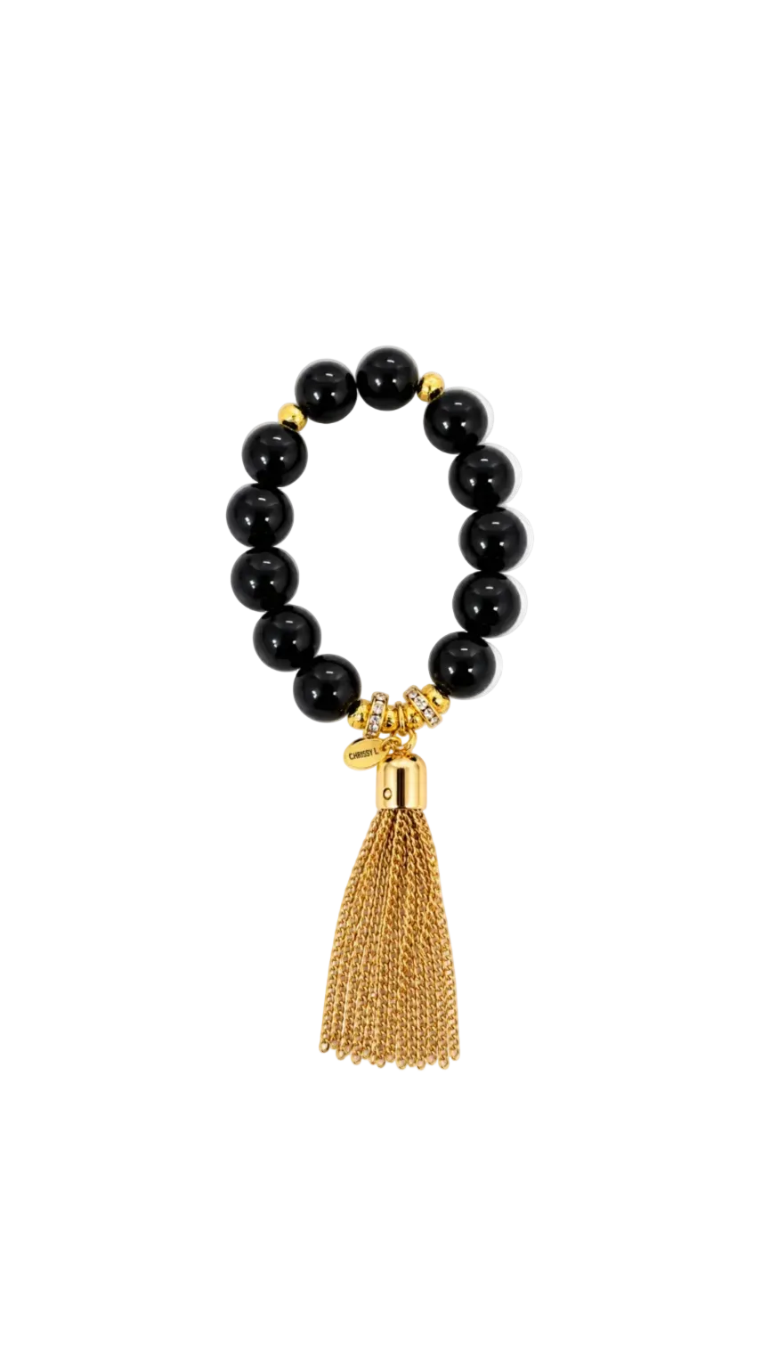 Cruz Charm Large Tassel Bracelet Black