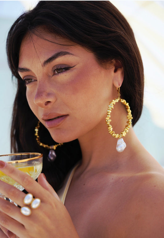 Golden Hour Gold Pearl Hoop Earrings