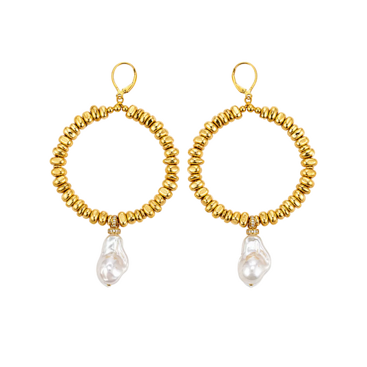 Golden Hour Gold Pearl Hoop Earrings